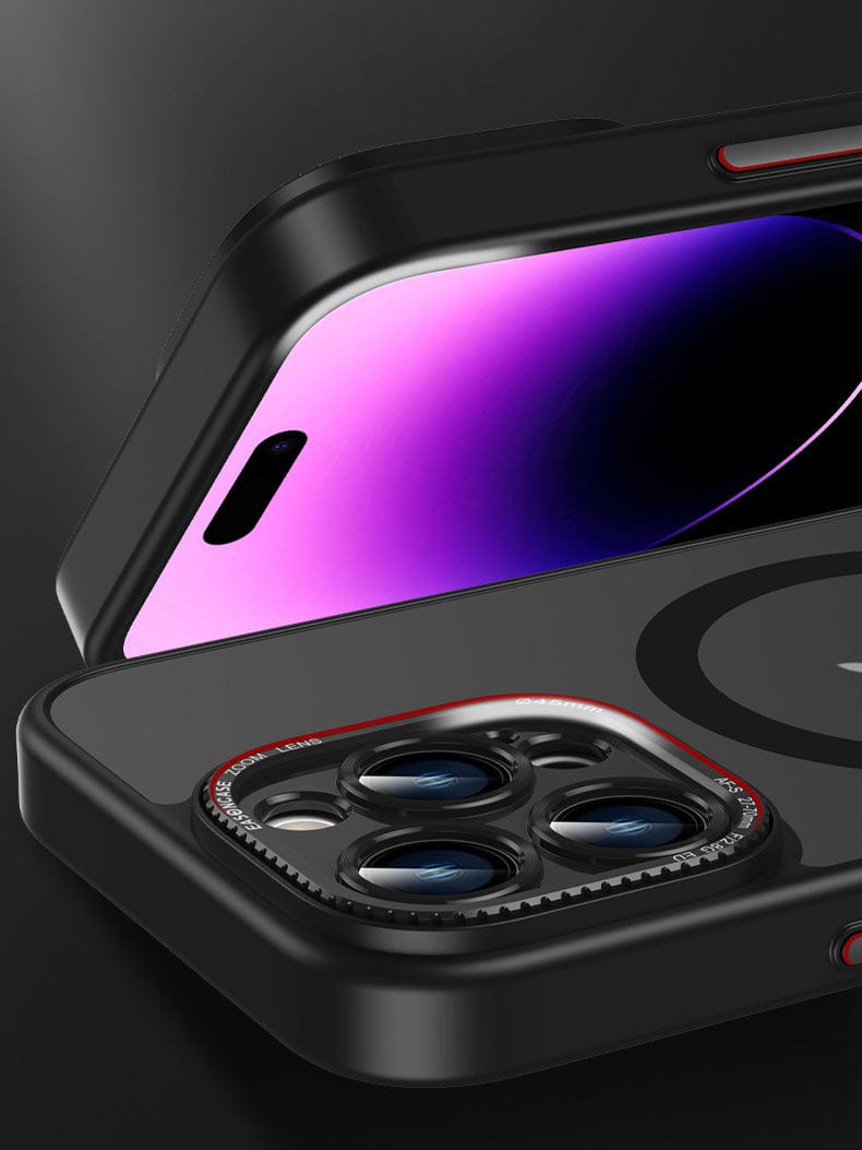 Close-up of an iPhone 16 Pro Max showing the rear camera module with multiple lenses and the front screen displaying a purple gradient. The phone is encased in a sleek black MagSafe compatible iPhone 16 Pro Max case featuring a matte finish, TPU+PC material, metal camera ring and buttons, designed to be shockproof and anti-fingerprint.