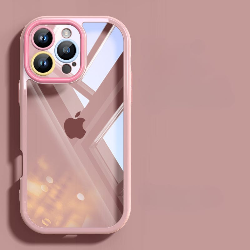 The iPhone 16 Pro Max Clear Case boasts a reflective rear cover that displays an abstract view of windows and lights, with a pink bumper case adding a splash of color. Centered on the back is the iconic Apple logo, seamlessly combining style with the anti-yellowing, shockproof protection offered by this transparent silicone protective cover featuring a colorful camera ring.