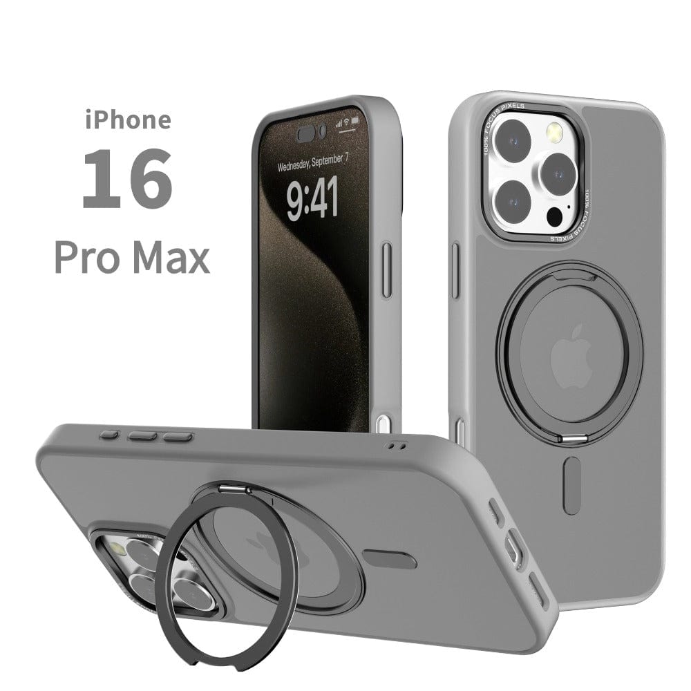 A gray iPhone 16 Pro Max encased in a Matte Finish iPhone 16 Pro Max Case with Rotating Ring Holder | MagSafe Compatible | TPU Protective Cover displays the time as 9:41, shown from different angles.