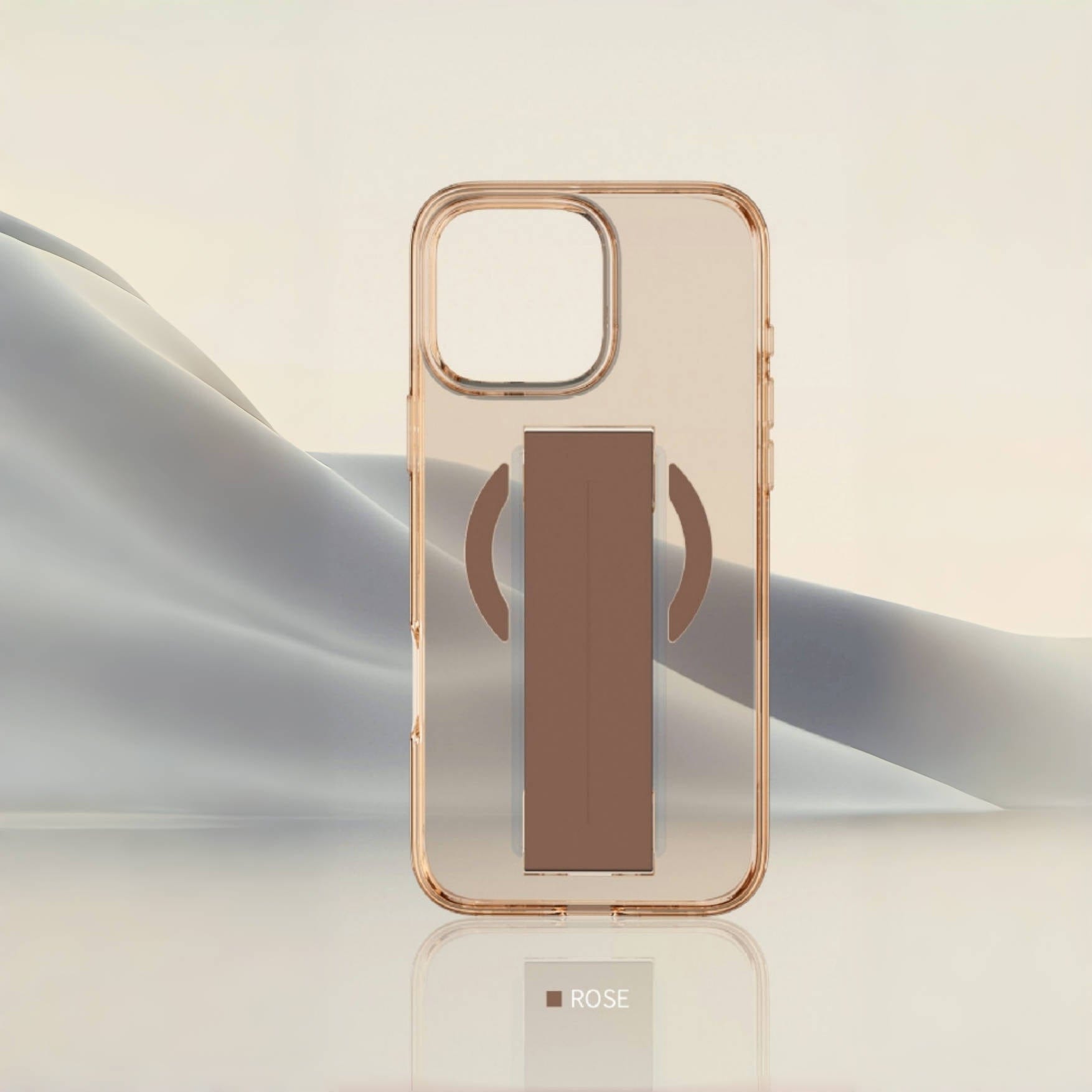 A transparent, MagSafe-compatible phone case for the iPhone 16 Pro Max featuring a brown silicone grip strap in the center, displayed against a minimalist background with subtle, abstract shapes. The word "ROSE" is visible at the bottom, emphasizing its blend of style and military-grade protection.