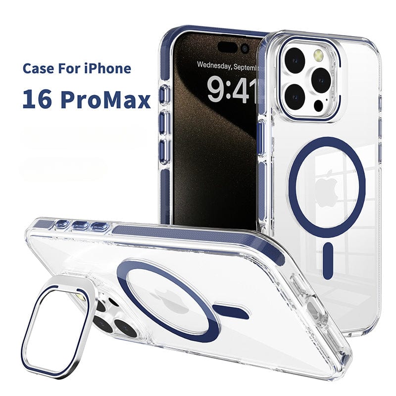 Clear MagSafe iPhone 16 Pro Max Case with Acrylic Frame Stand, featuring a blue MagSafe ring and camera protection, displayed on an iPhone 16 Pro Max showing the time 9:41 and the date Wednesday, September 15.