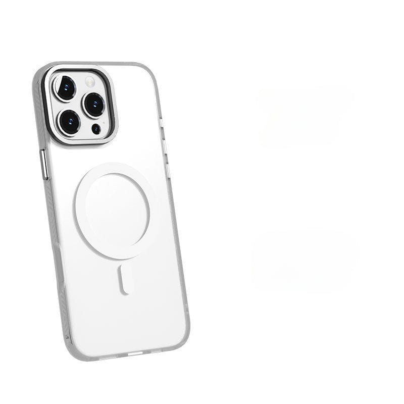 The iPhone 16 Pro Max Clear Case with MagSafe showcases a sleek, matte finish design with a circular pattern on the back. Featuring three rear cameras positioned in the top left corner, this anti-yellowing shockproof cover retains a plain white background for a minimalist look.