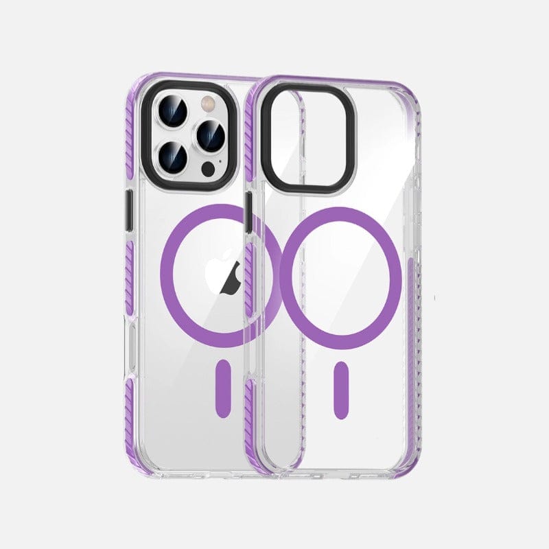 Clear phone cases with purple accents and MagSafe compatibility for iPhones, including the iPhone 16 Pro Max Clear MagSafe Case, which is shockproof with air cushion corners, made from TPU+PC material, and features metal buttons.