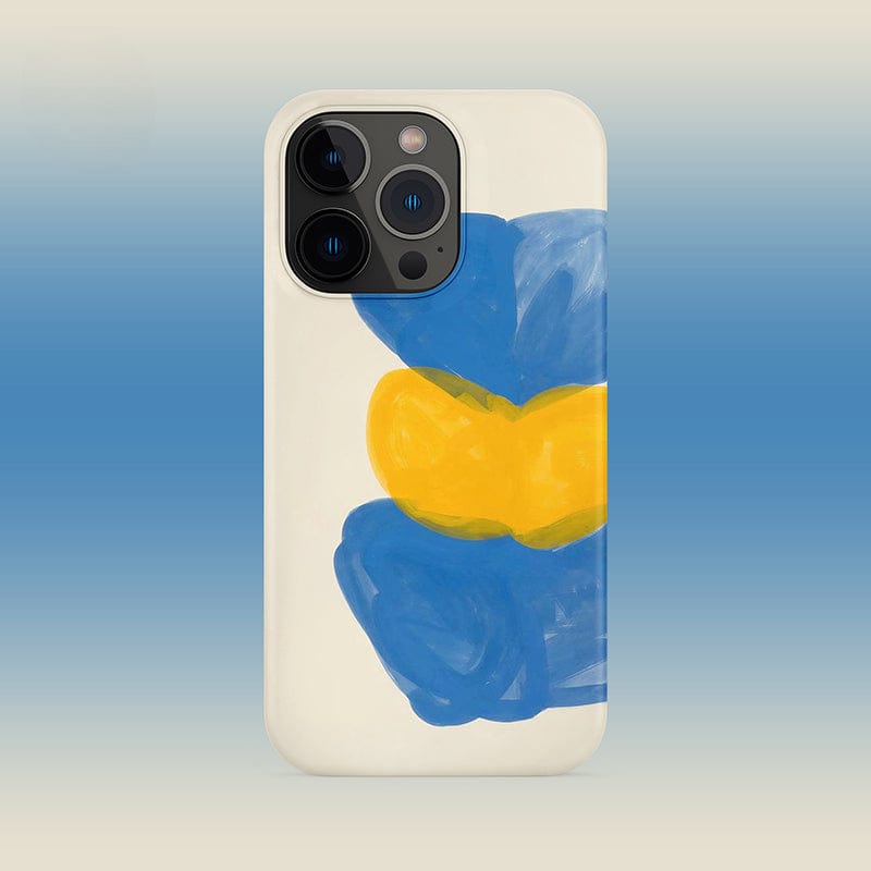 A smartphone is shown with the Abstract Expressionist iPhone 16 Pro Max Case - Bold Blue & Yellow Brushstrokes, featuring large blue brushstrokes and a prominent yellow brushstroke in the middle, set against a creamy white background. The phone is displayed against a gradient backdrop of light blue to white.