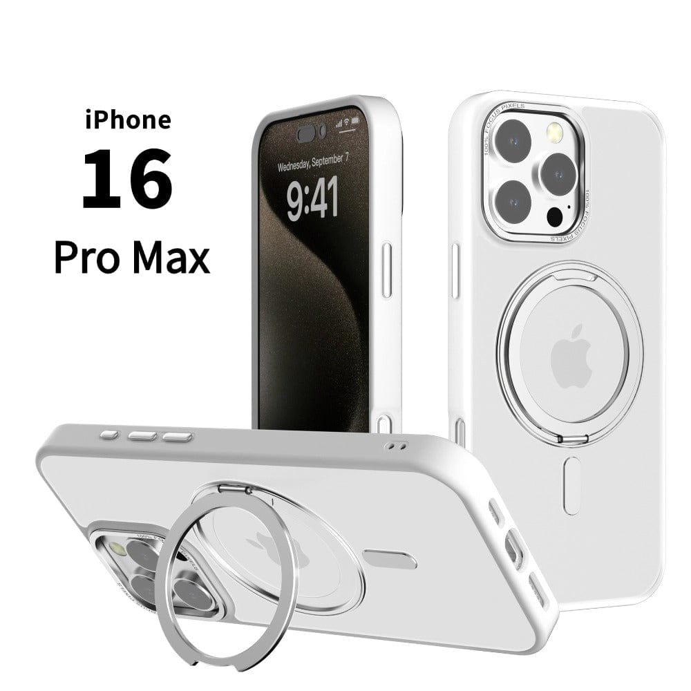 Image of a Matte Finish iPhone 16 Pro Max Case with Rotating Ring Holder, featuring a circular magnetic ring on the back. The screen displays the time as 9:41 on Wednesday, September 7.