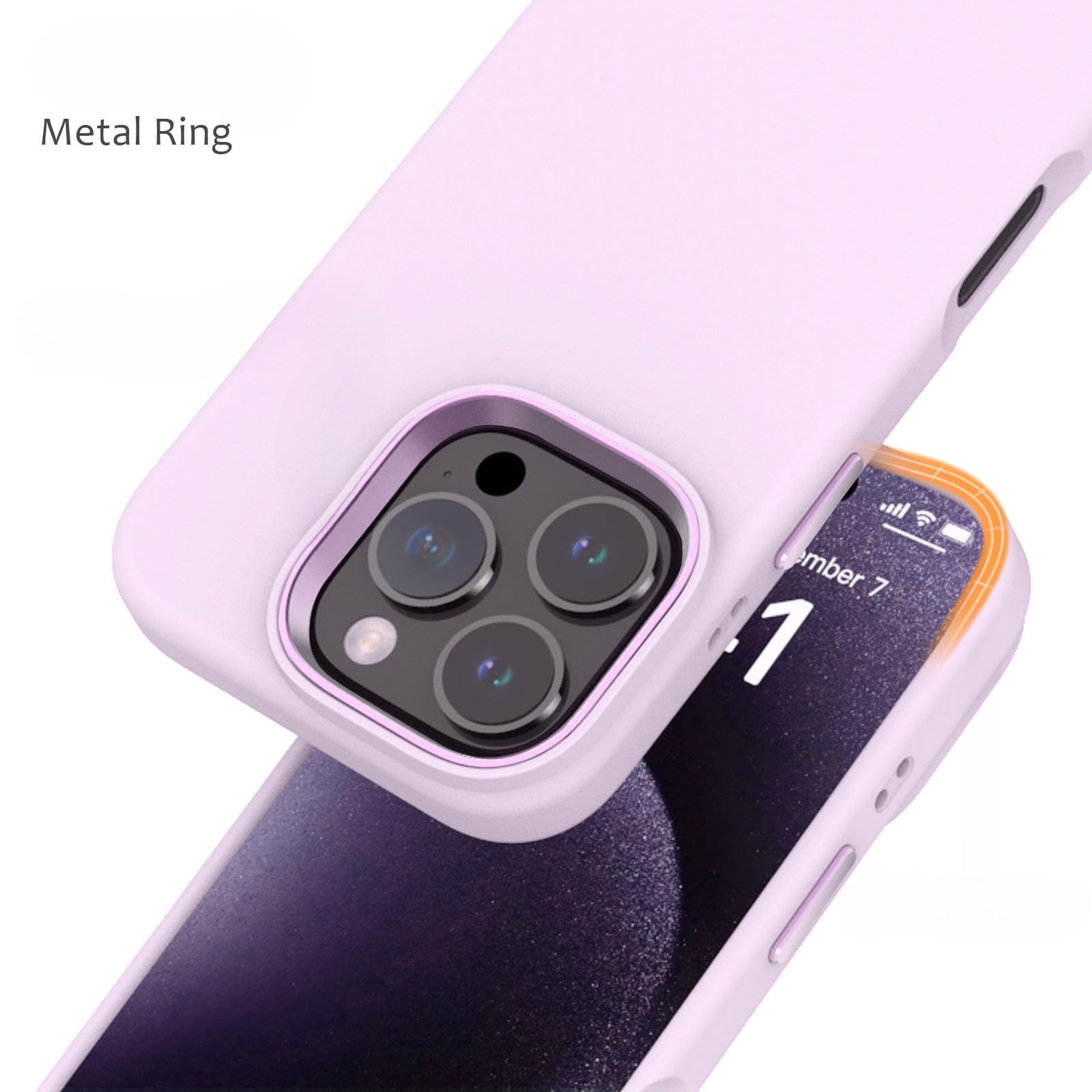 A light pink Liquid Silicone iPhone 16 Pro Max Case with soft microfiber lining, featuring a metal ring around the camera lenses. The case offers enhanced protection for both the front and back of the phone while keeping them visible.