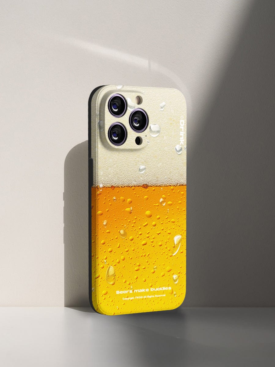 A Beer Buddies iPhone 16 Pro Max Case featuring a fun beverage design that imitates a beer glass half-filled with lager and adorned with condensation droplets.