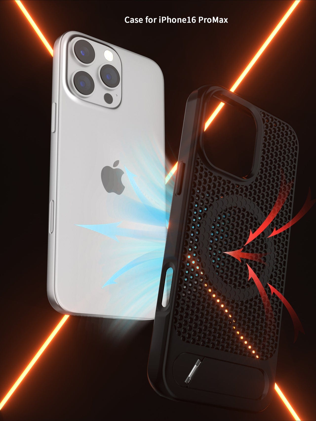 An iPhone 16 Pro Max beside a black iPhone 16 Pro Max Case with Kickstand, featuring a Honeycomb Heat Dissipation Design and ventilation holes, arrows indicating airflow, and a label "iPhone 16 Pro Max Case" above.