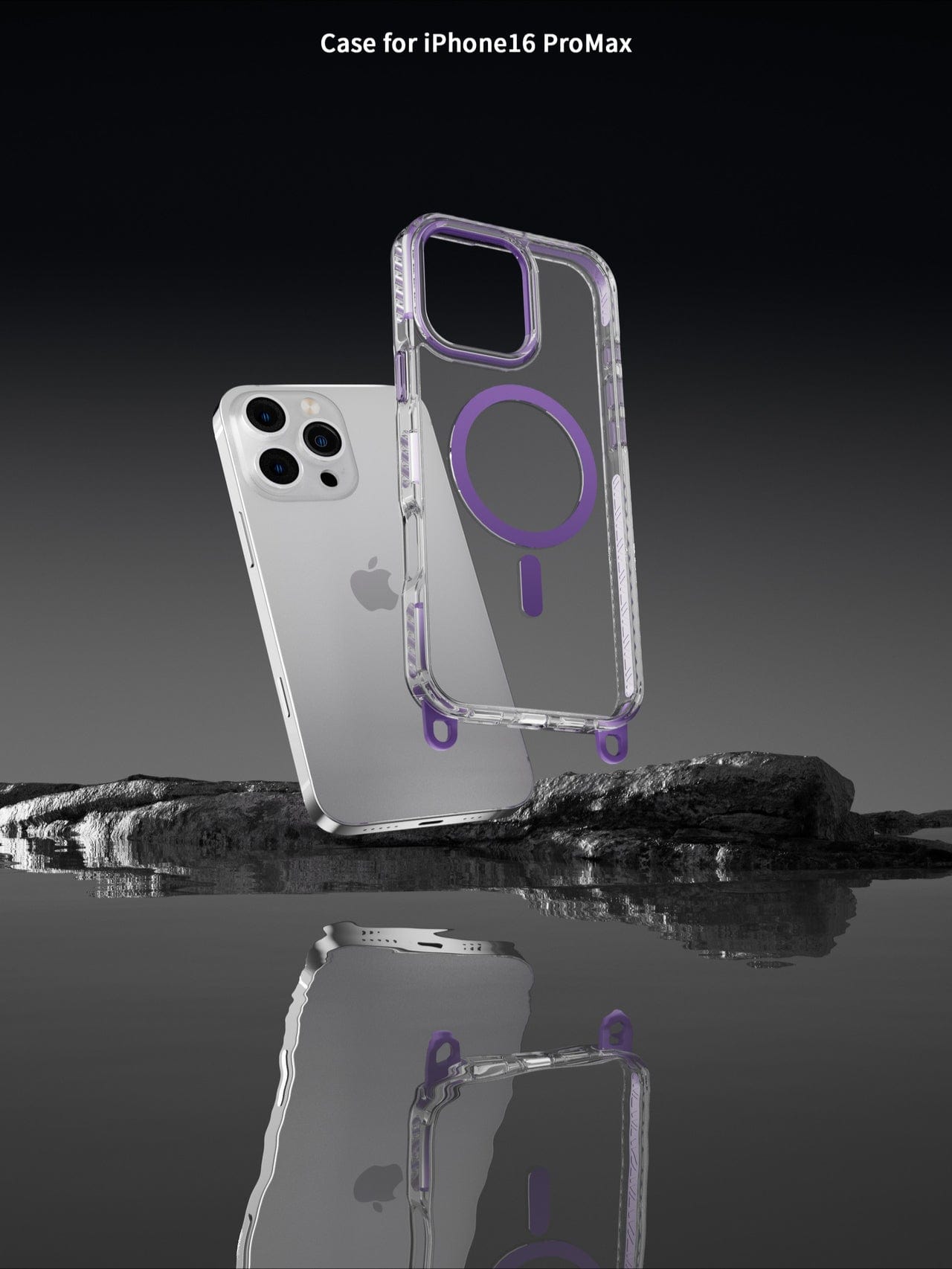 A silver iPhone 16 ProMax stands upright on a reflective surface. Above it, a MagSafe Compatible iPhone 16 Pro Max Case with Lanyard, featuring transparent material and purple accents, is suspended mid-air. Text at the top reads "Case for iPhone 16 ProMax.