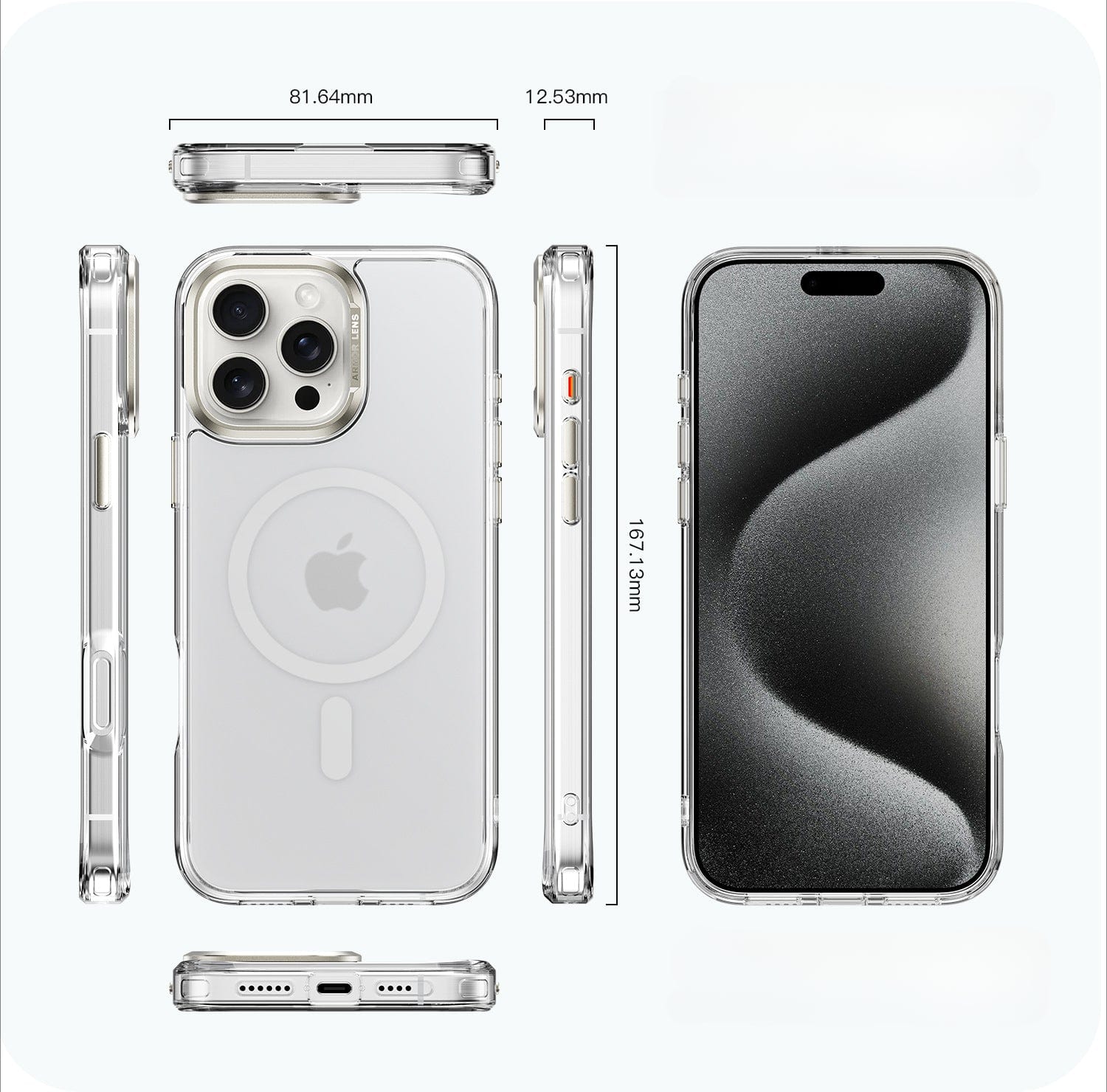 iPhone 16 Pro Max Clear Case with 36 N52 Magnets and Raised Camera Protection, complete with an anti-fingerprint finish and aluminum alloy buttons, displayed from multiple angles on a smartphone. Dimensions: 81.64mm width, 12.53mm depth, 167.31mm height.