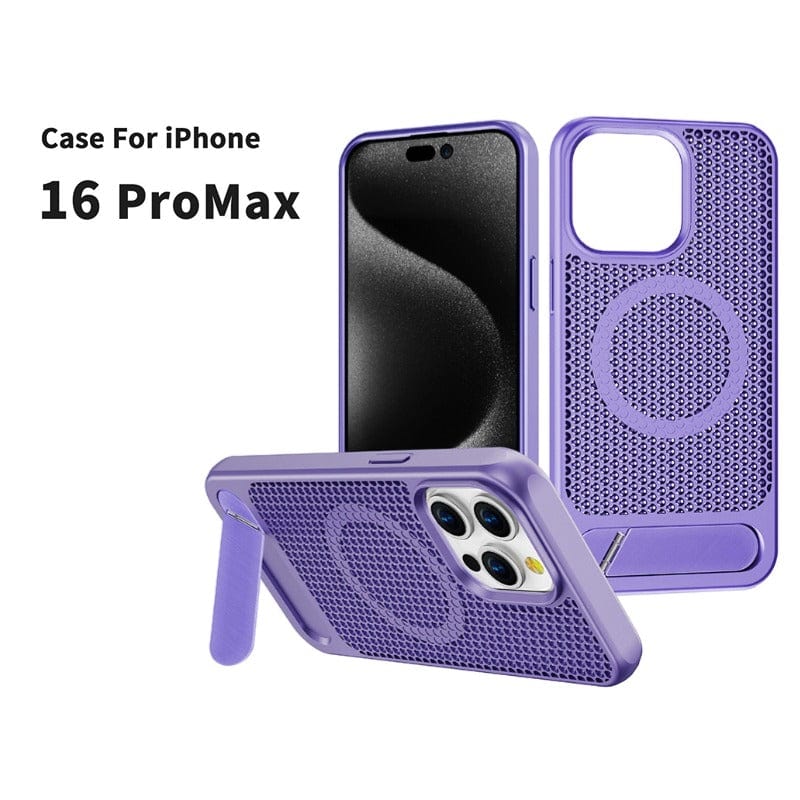 Purple iPhone 16 Pro Max case featuring a honeycomb heat dissipation design, integrated kickstand, and MagSafe compatibility, crafted from a TPU+PC hybrid with metal buttons, showcased from multiple angles.