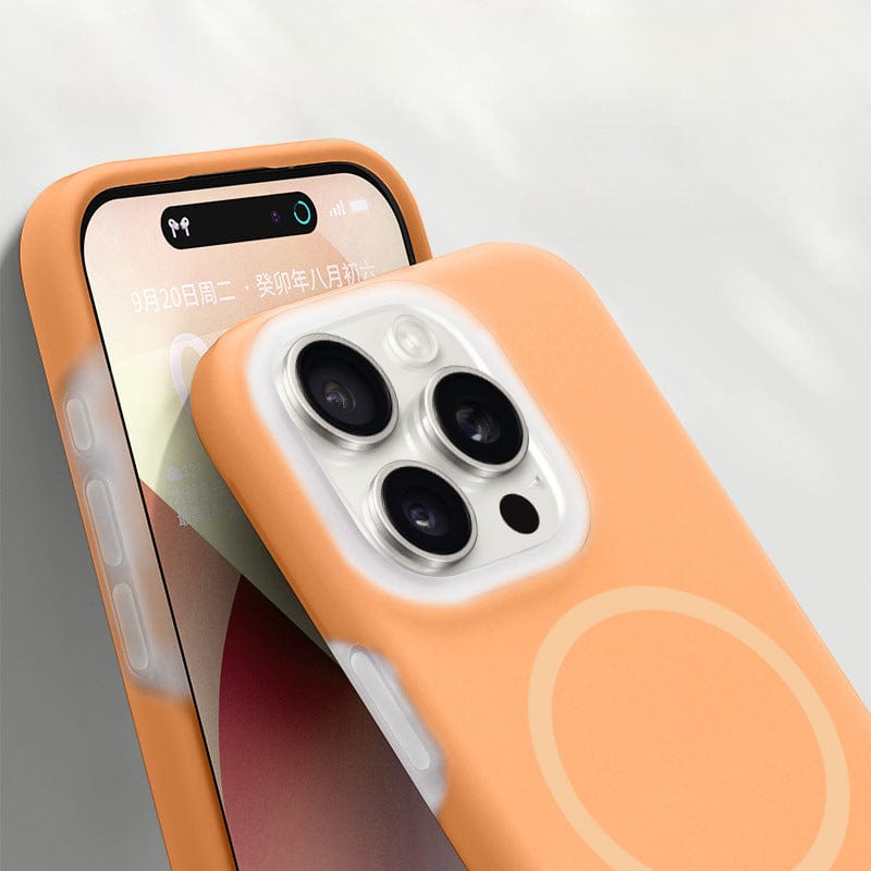 A smartphone in a MagSafe Compatible iPhone 16 Pro Max Case - Premium Liquid Silicone Gel, Crystal Clear Jelly-Like Protective Cover, displaying the peach-colored back with three camera lenses and flash, alongside a glimpse of the screen and internal contents.