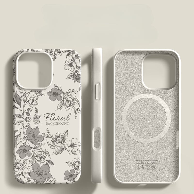 Three views of the iPhone 16 Pro Max Case - Floral Silicone Protective Cover with Shockproof Triple-Layer Design and Anti-Fingerprint Coating are shown: the front featuring a floral pattern, the side showcasing button cutouts, and the back displaying a circular design with text including "Floral Background." This case provides stylish 360° protection for your device.