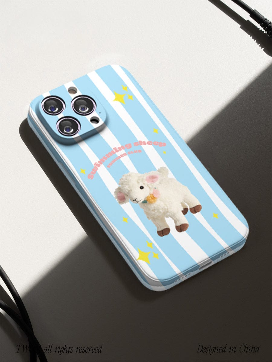 A smartphone with a Swimming Sheep iPhone 16 Pro Max Case, boasting a cute striped design and an adorable lamb illustration, lies on a sunlit surface.