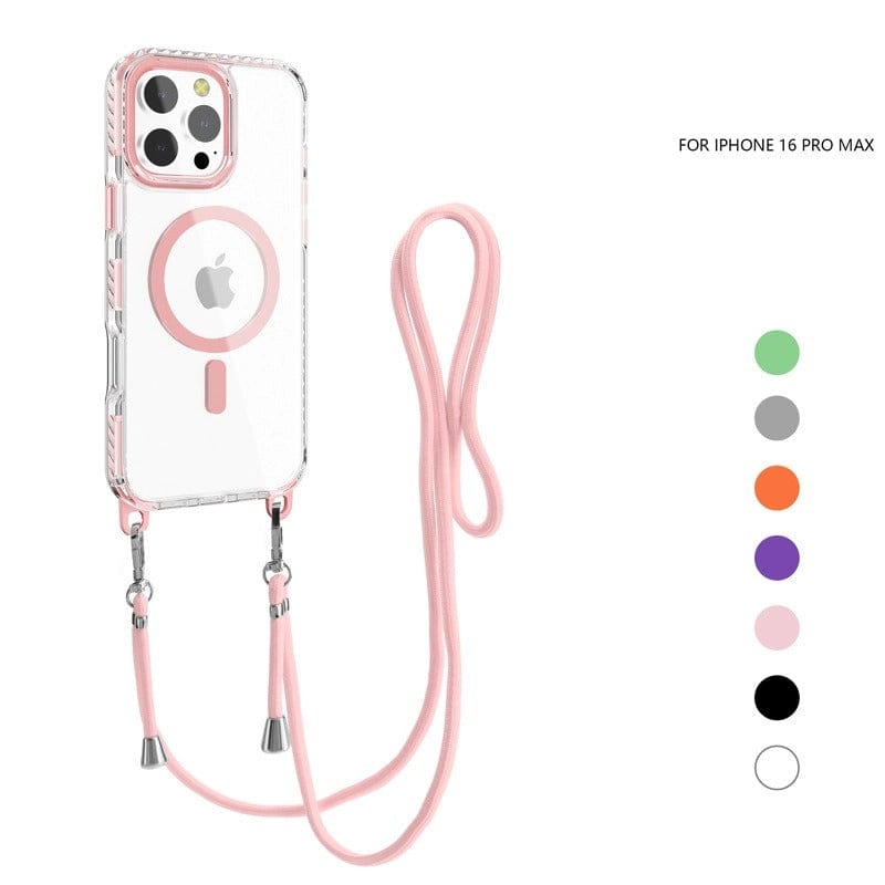 The MagSafe Compatible iPhone 16 Pro Max Case with Lanyard is displayed, featuring a clear design with a pink bumper. Six color options for the bumper and lanyard are shown to the right.