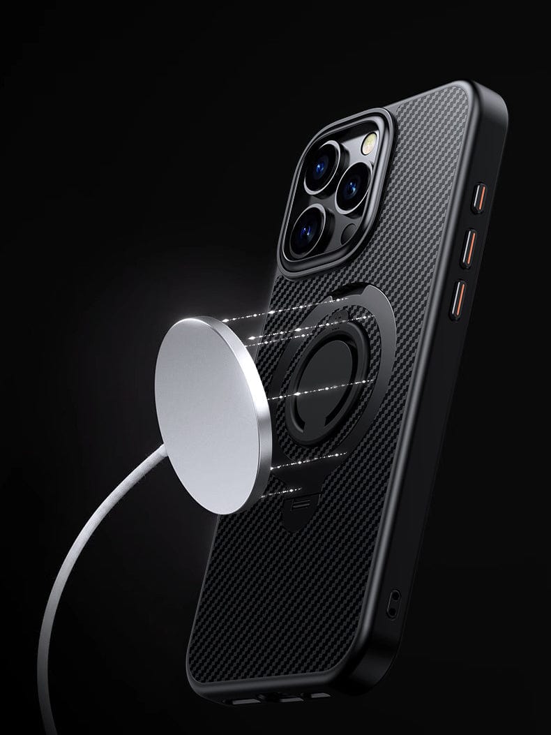 An iPhone 16 Pro Max Military-Grade Case with MagSafe, featuring a carbon fiber finish and a shockproof protective cover, has a magnetic charger attached to the back.