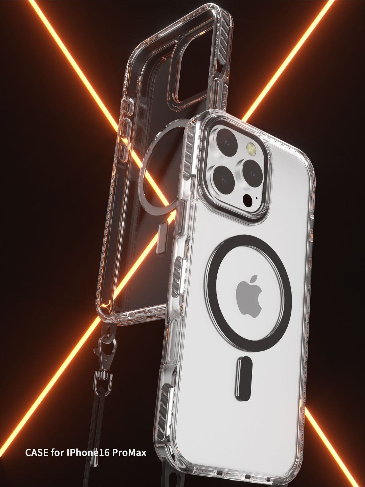 A MagSafe Compatible iPhone 16 Pro Max Case with Lanyard in a transparent design with black accents is showcased on an iPhone 16 Pro Max against a backdrop of orange intersecting lines. Text reads "CASE for iPhone 16 ProMax".