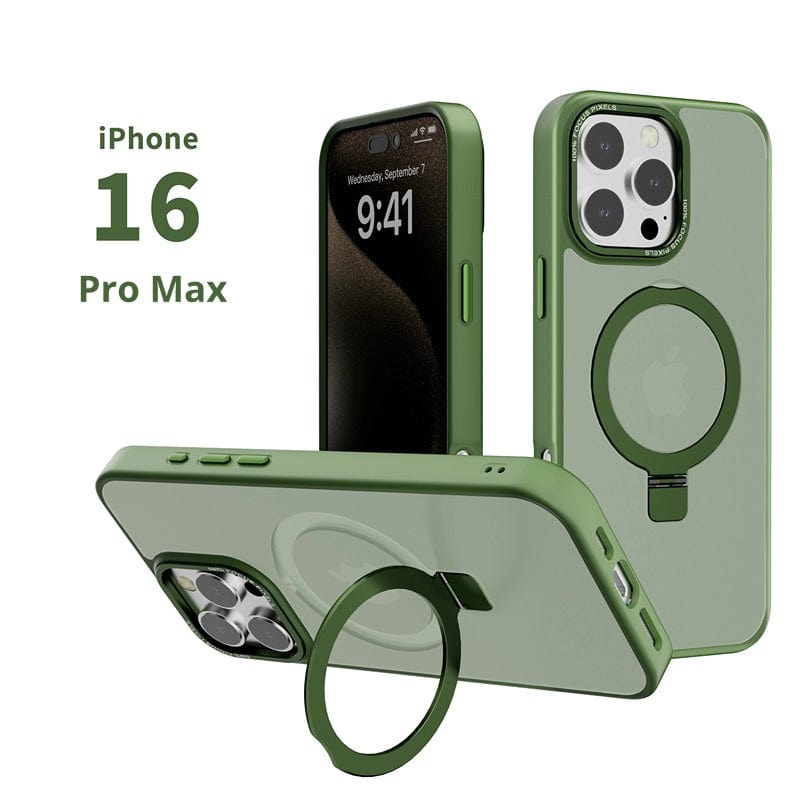 Green iPhone 16 Pro Max and MagSafe iPhone 16 Pro Max cases with ring stand showing front, back, and side views. One case features a built-in ring holder. The iPhone screen displays the time as 9:41 and date as Wednesday, September 7.