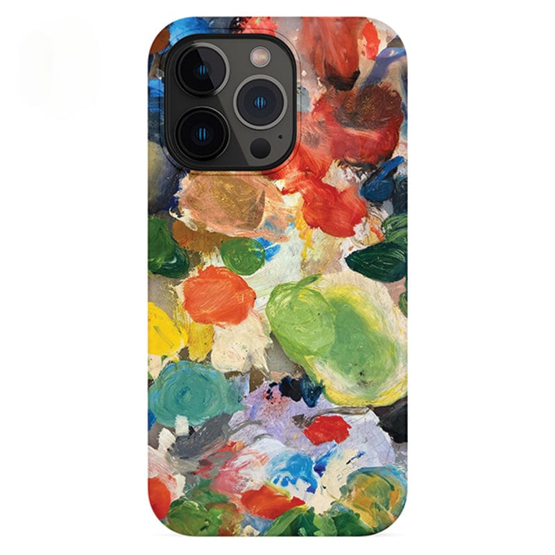 The Abstract Paint Palette iPhone 16 Pro Max Case - Artistic and Protective is shown, featuring a camera module with three lenses and a flash. The phone case boasts a colorful abstract design with various splashes of paint in green, red, yellow, blue, and other hues, resembling an artist's paint palette.