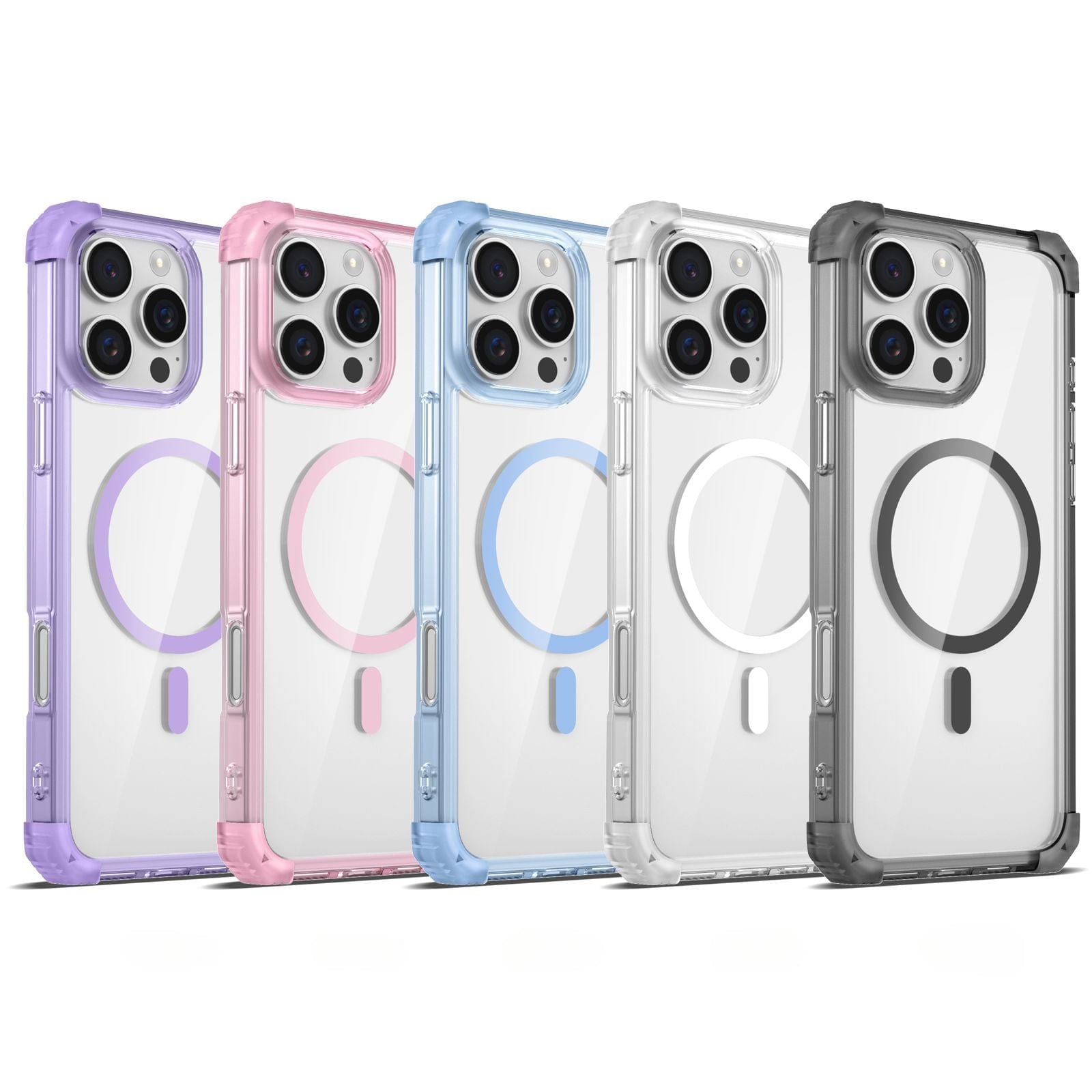 Five iPhone 16 Pro Max smartphones are displayed in a row, each encased in a Clear MagSafe case with colored edges in shades of purple, pink, blue, clear, and black. These cases provide 3H Anti-Scratch Protection and Military-Grade Drop Protection to ensure your devices stay safe and look new.