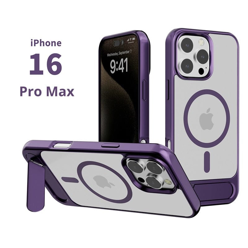 Image of three purple iPhone 16 Pro Max devices displayed from different angles, showcasing the front screen, back design with the camera module, and Apple logo. Text reads "iPhone 16 Pro Max," highlighting its sleek design that pairs perfectly with the MagSafe Compatible iPhone 16 Pro Max Case with Kickstand | Slim Protective Cover | Multiple Colors | Magnetic Adsorption.