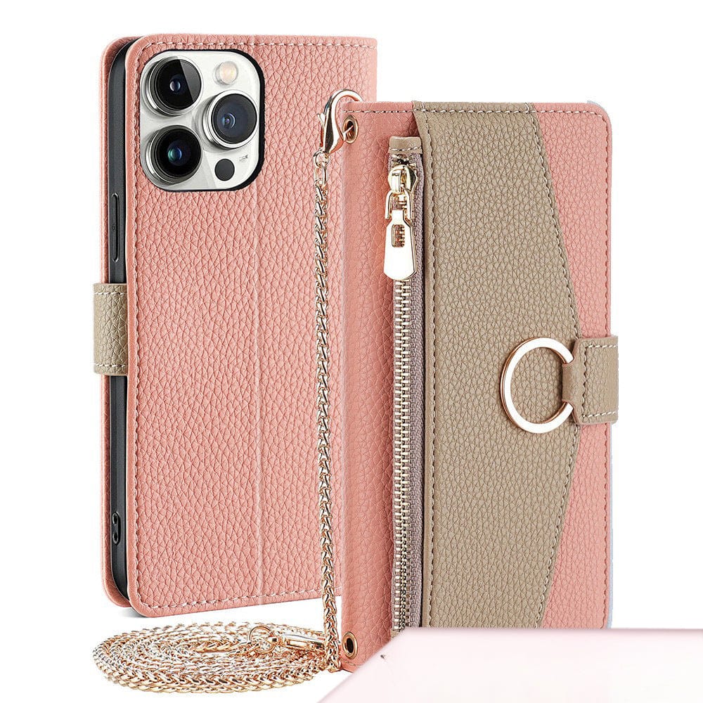 An iPhone 16 Pro Max Crossbody Wallet Case in pink and gray PU Leather is displayed, featuring a zipper compartment, card slots, a built-in mirror, and a detachable chain strap. The case is open to show the phone inside.