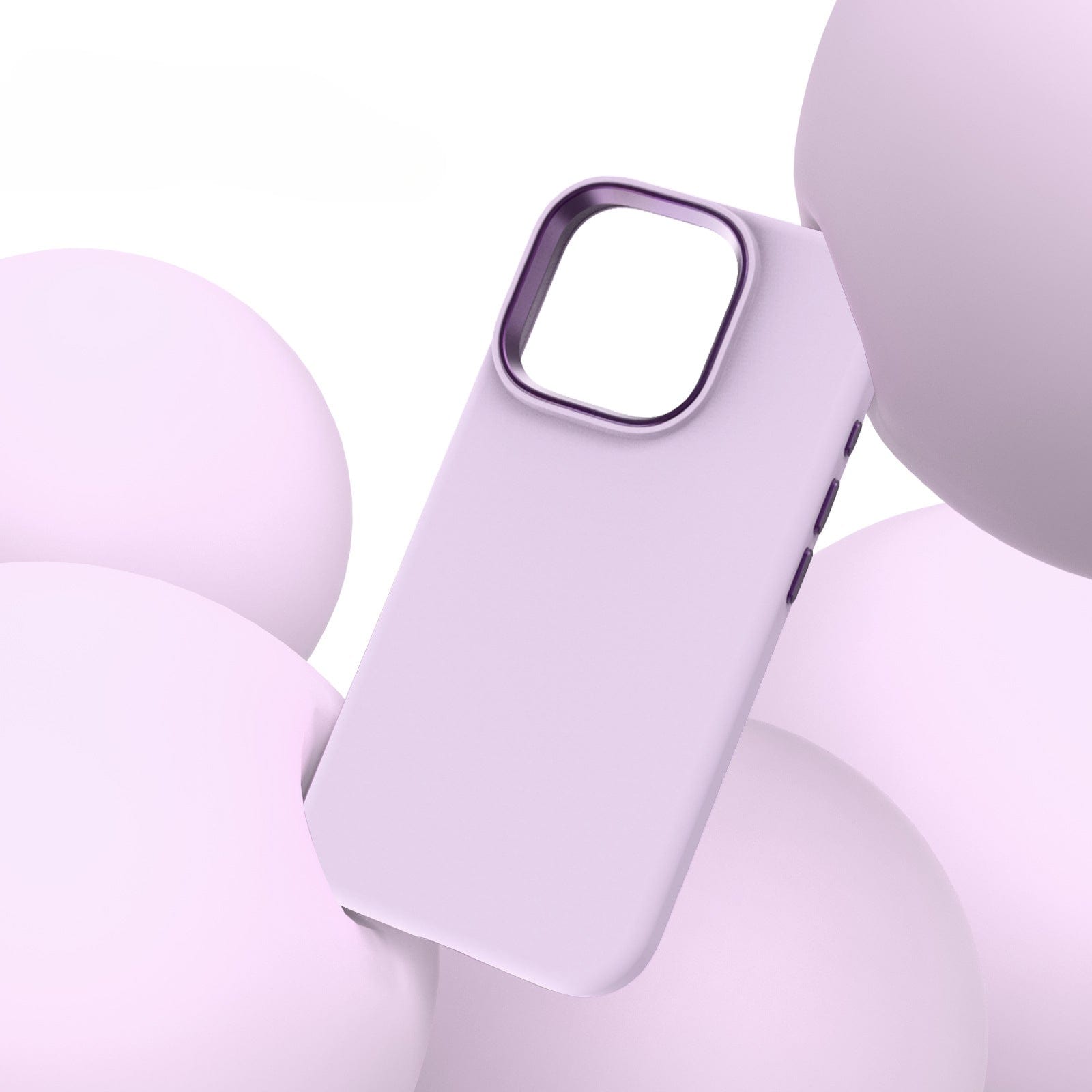 The Liquid Silicone iPhone 16 Pro Max Case with Soft Microfiber Lining, featuring a shockproof protective cover and a metal camera ring, is displayed in lavender purple against a pastel purple background with soft, round shapes.