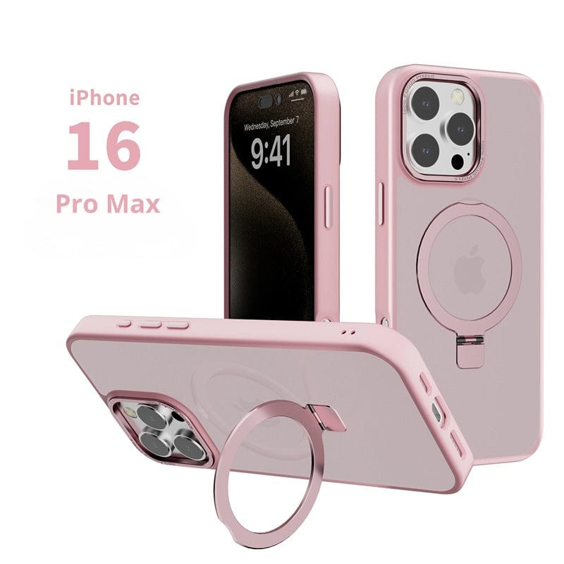 Image of a pink iPhone 16 Pro Max with a matching MagSafe iPhone 16 Pro Max Case featuring a built-in ring stand. The phone screen displays the time "9:41" and the date "Wednesday, September 7".