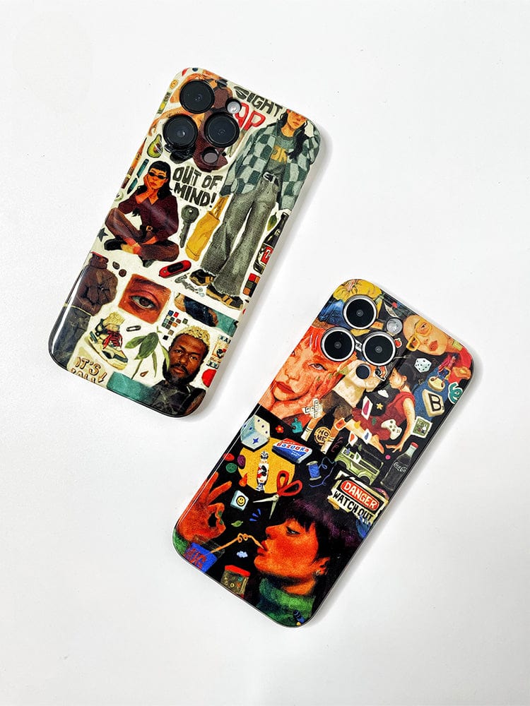 Two smartphones, each sporting an Eclectic Pop Culture Collage iPhone 16 Pro Max Case, display vibrant and retro-inspired artistic designs. Covered in a collage of colorful stickers and cutout images featuring faces, icons, and symbols, these cases ensure each phone boasts a unique and eye-catching look.