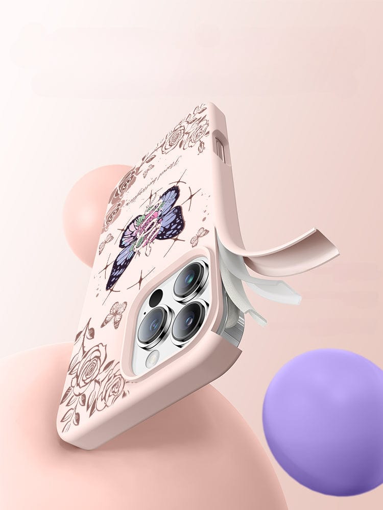 The iPhone 16 Pro Max Floral Butterfly Case, featuring a card holder slot and made from shockproof, anti-yellowing liquid silicone material with a soft touch finish, is pictured against a pastel background with a purple sphere.