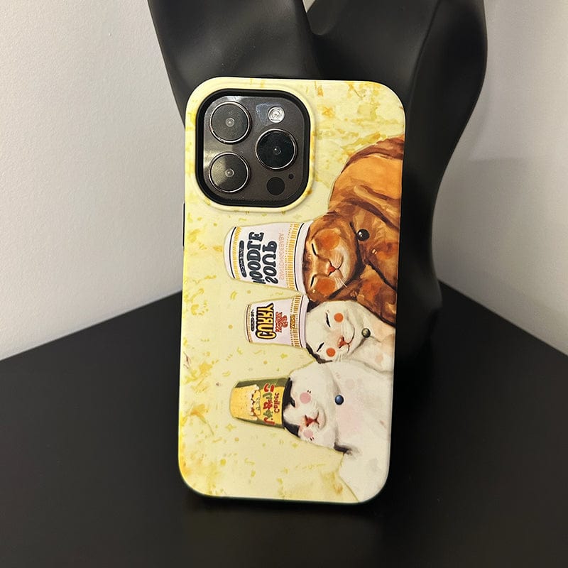 Introducing the 'Adorable Cats & Cup Noodles iPhone 16 Pro Max Case' – a cute and quirky design featuring playful illustrations of three cats balancing unique objects on their heads: a cup of noodles, a can of condensed milk with a straw, and a pack of instant noodles, all set against an elegant marble-textured background. This ultra-slim case offers full protection for your device.