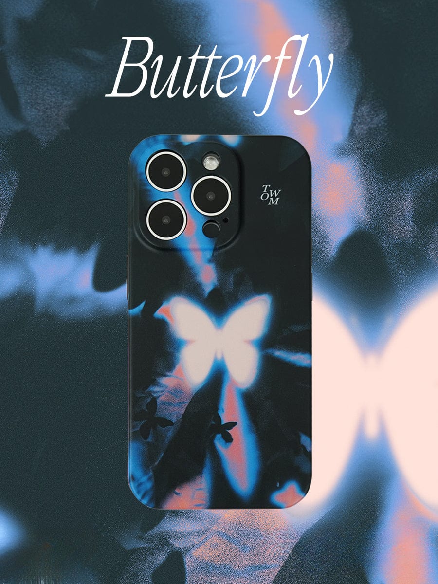 Close-up of the Luminous Butterfly iPhone 16 Pro Max Case with a butterfly-themed design. The background showcases abstract blue and pink patterns with a prominent glowing butterfly in the center. Elegant white text at the top reads "Butterfly." Perfectly designed for the iPhone 16 Pro Max, this Mystical Glow Design is featured on a premium all-inclusive protective cover.