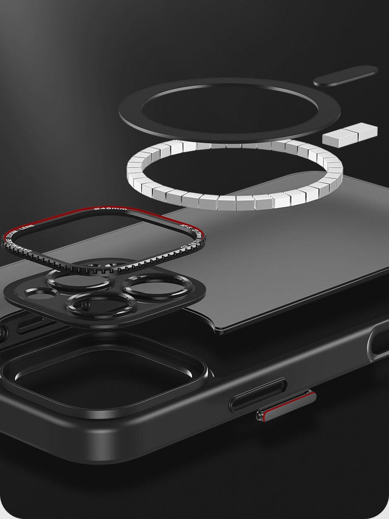 Exploded view of a black smartphone showcasing its individual components: outer casing, internal circuit, camera module, and other parts, all laid out separately against a black background. This intricate layout features the latest MagSafe Compatible iPhone 16 Pro Max Case with a matte finish made from TPU+PC material, complete with a metal camera ring and buttons for added detail.