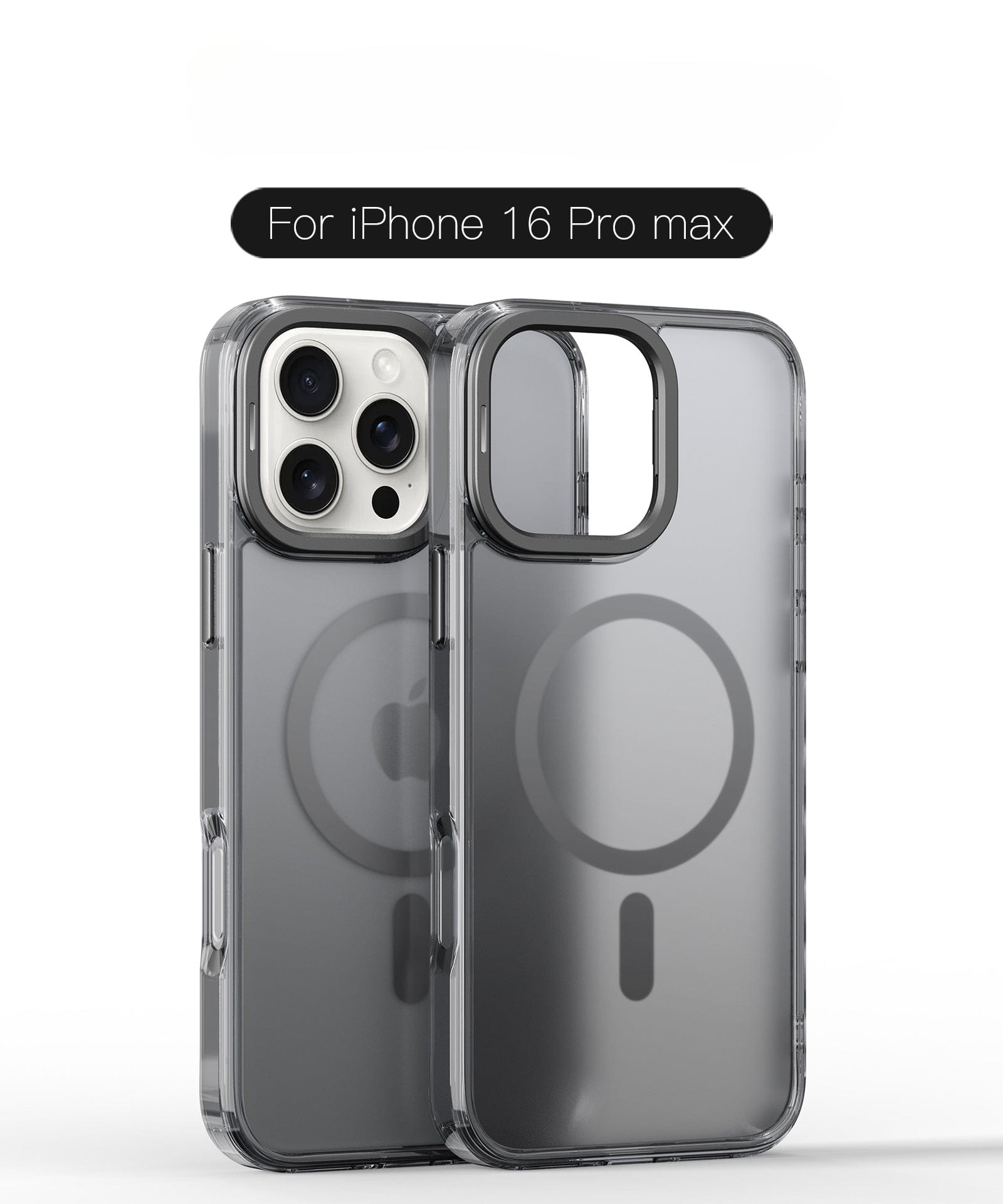 Clear MagSafe iPhone 16 Pro Max Case with Metal Camera Bracket, made from TPU+PC material for anti-scratch and drop protection, featuring a stylish circular pattern on the back and clearly marked label.