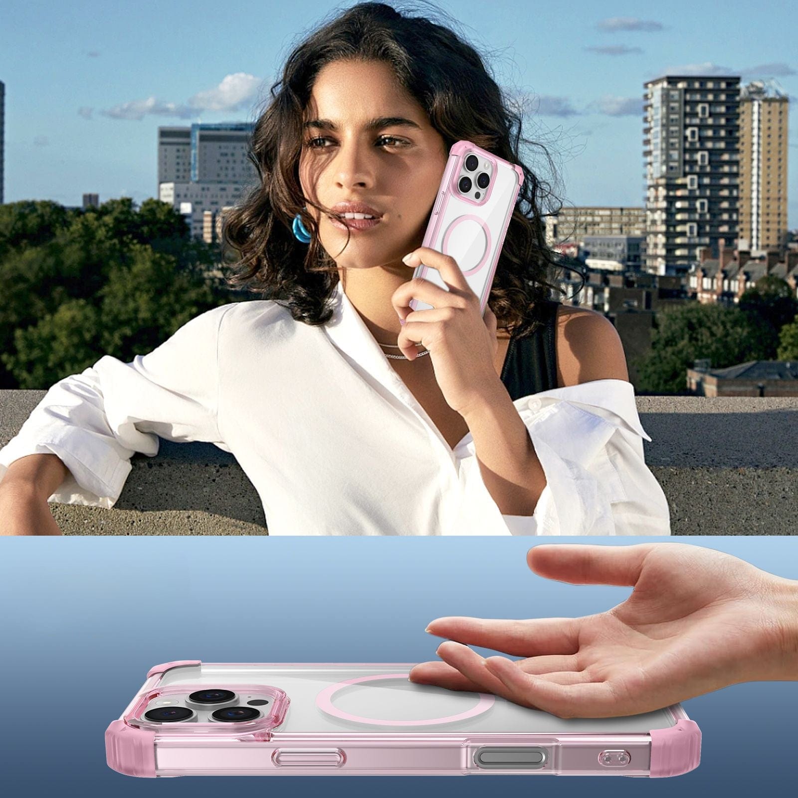 A person stands outdoors, holding an iPhone 16 Pro Max Clear MagSafe Case, which offers military-grade drop protection in a pink color. The lower part of the image shows a close-up of the same phone case being held, highlighting its durability and design.