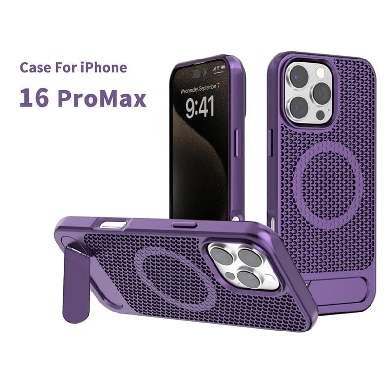 Purple iPhone 16 Pro Max case with a honeycomb heat dissipation design, metal buttons, and a built-in kickstand, featuring precise cutouts for the camera and buttons. It also offers MagSafe compatibility with a grippy TPU+PC hybrid construction.