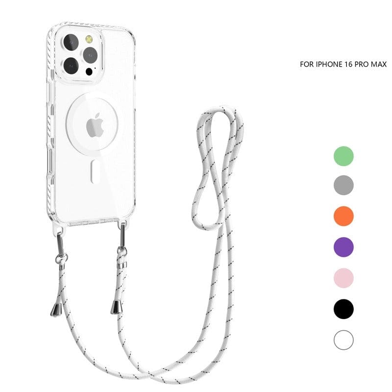 Introducing the MagSafe Compatible iPhone 16 Pro Max Case with Lanyard, a clear crossbody TPU cover featuring precise cutouts for cameras and magnetic adsorption. Displayed alongside six color options for the adjustable lanyard.