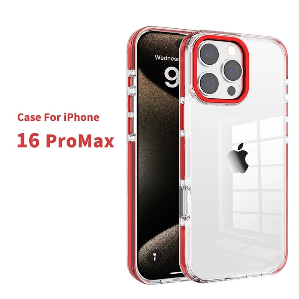 Clear and red protective iPhone 16 Pro Max Clear Case with TPU Bumper, designed for a precise fit, featuring a transparent PC back cover, with a black and gold phone displaying the time in the background.