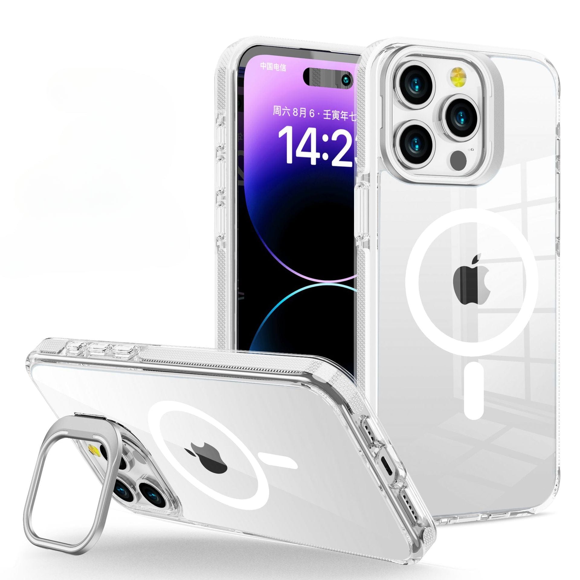 A clear acrylic iPhone 16 Pro Max case with a white circular design is shown on and next to the phone. The display features Chinese text and time 14:24, along with a visible Apple logo. This sleek, MagSafe compatible case also includes a metal camera frame and an invisible foldable kickstand for added convenience.