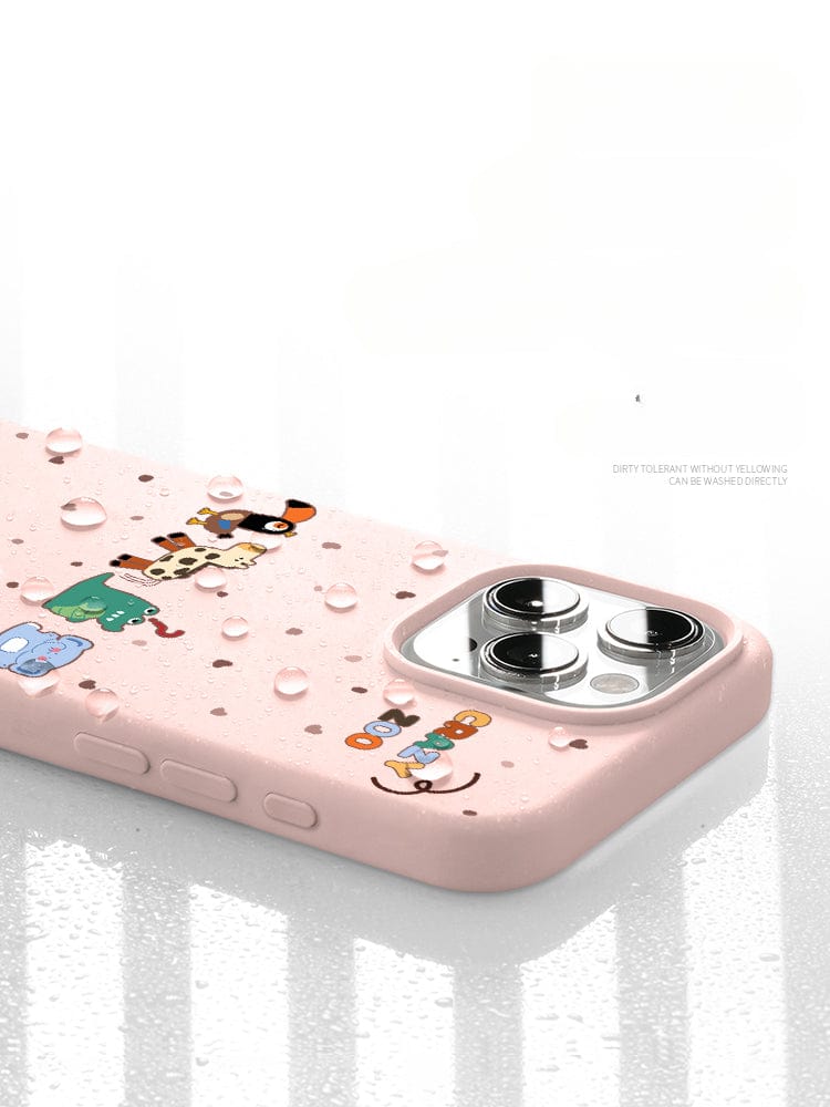 An iPhone 16 Pro Max Crazy Zoo Case featuring cute animal designs in pink is shown with water droplets on its liquid silicone surface. The dual-camera lenses of the phone are visible, and the case provides shockproof protection.