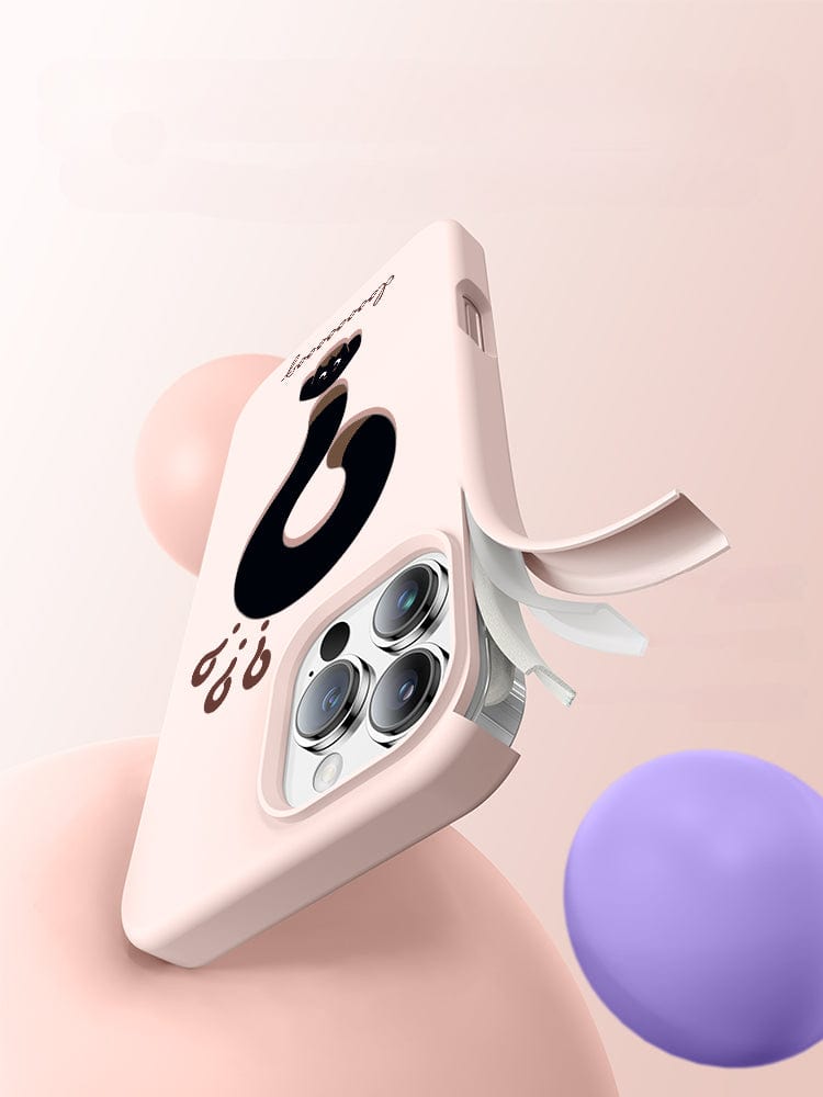 Three purple iPhone 16 Pro Max Cute Silicone Cases with a whimsical question mark design featuring a dog's face at the bottom are displayed side by side. Crafted from food-grade liquid silicone, these cases offer durable shockproof and non-slip protection.