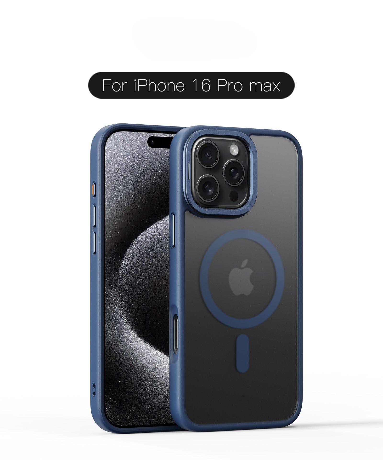 A blue MagSafe iPhone 16 Pro Max Case with a clear back and a circular design is shown on an iPhone. Text above reads, "For iPhone 16 Pro Max." This case features TPU material with anti-scratch and drop protection.