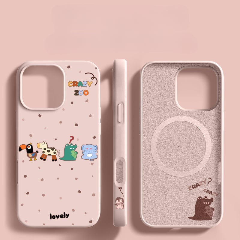 Three views of the iPhone 16 Pro Max Crazy Zoo Case are shown: front, side, and back. The case features cute cartoon animal designs with the text "Crazy Zoo" and "lovely." The back also includes a small cartoon character holding an umbrella. Enjoy both style and shockproof protection with this charming liquid silicone, anti-dust, soft-touch accessory.