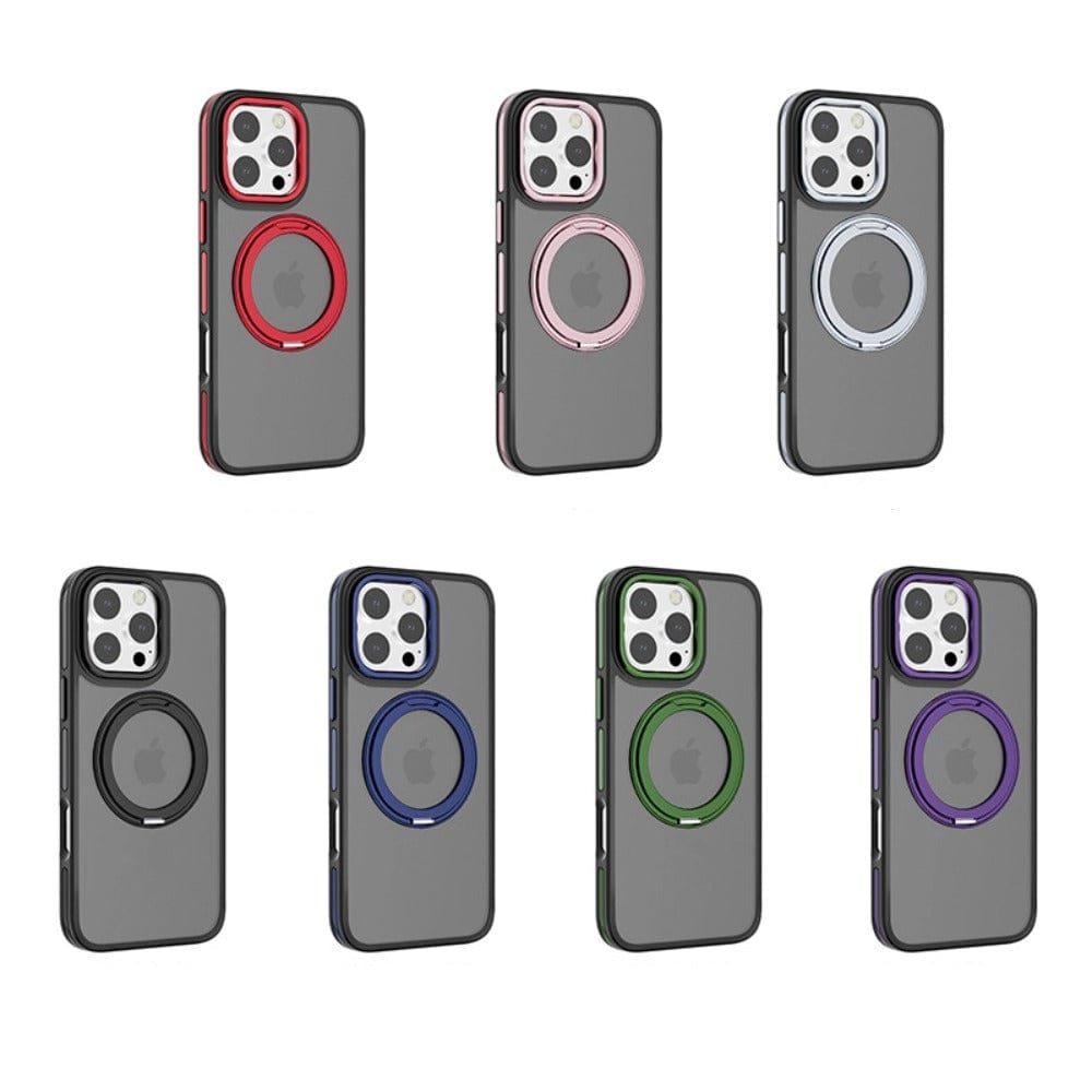 Seven smartphones with Matte Finish iPhone 16 Pro Max Cases, each featuring a different colored circular MagSafe ring holder, are displayed. The ring colors include red, pink, blue, black, green, and purple.