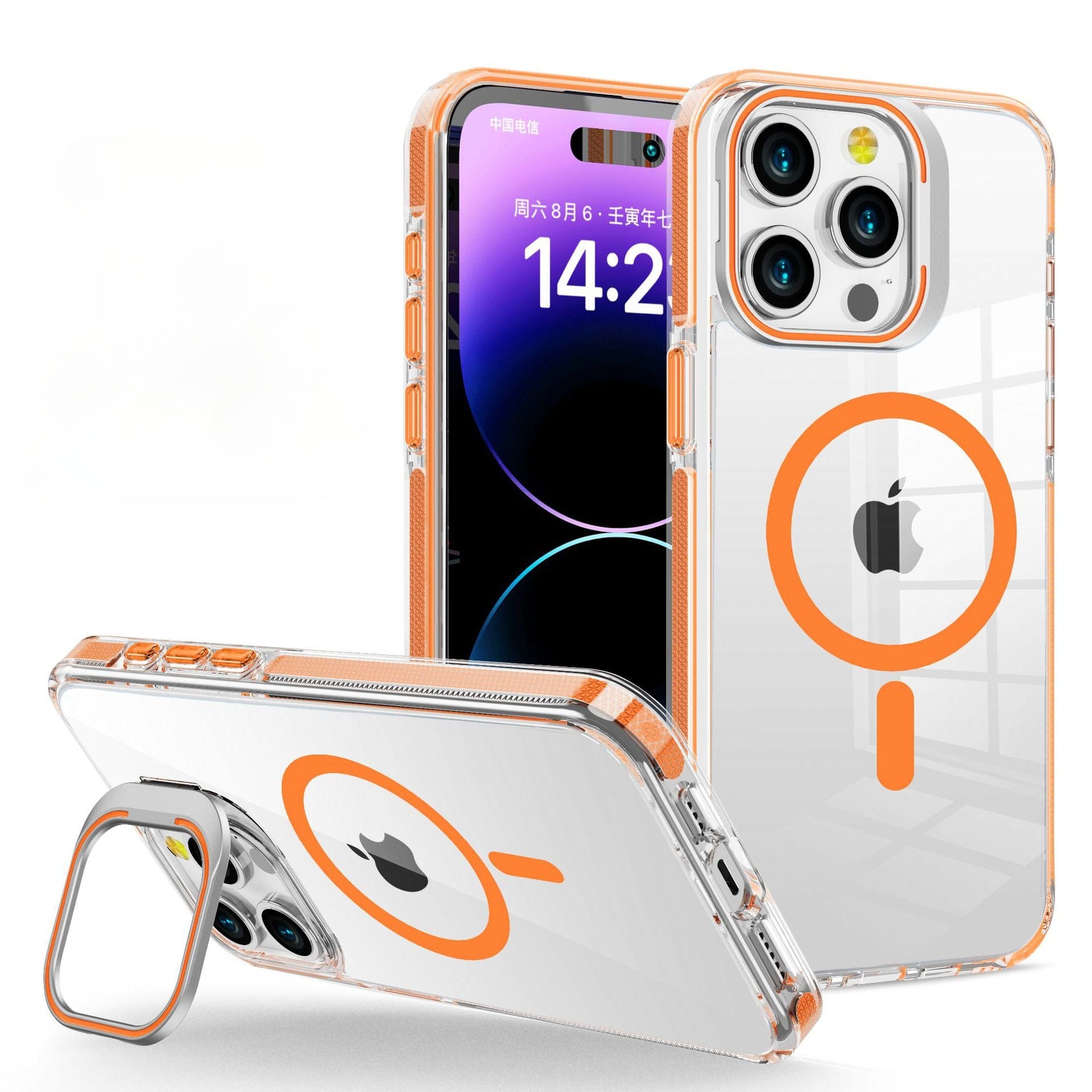 Shown are clear iPhone 16 Pro Max cases with orange accents and MagSafe-compatible rings. One case is standing, while another lies face down to emphasize the metal camera frame and MagSafe features of the Clear Acrylic MagSafe Compatible case, which also includes an invisible kickstand.