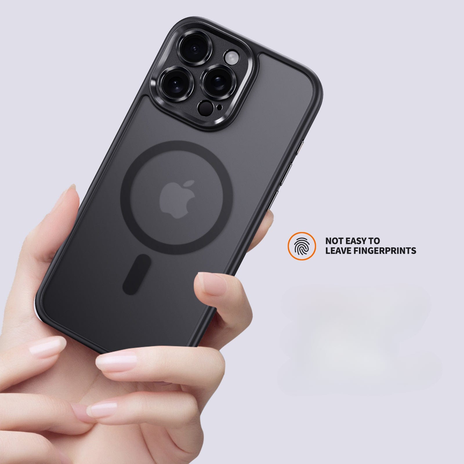 A hand holds a black smartphone with a circular design on the back, encased in the Durable MagSafe iPhone 16 Pro Max Case. Text highlights the phone's resistance to fingerprints, perfect for those using this TPU+PC material, shockproof air cushion case with camera protection.