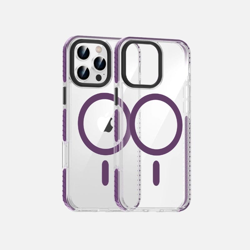 Two iPhone 16 Pro Max Clear MagSafe Cases, featuring shockproof Air Cushion Corners and metal buttons, are displayed against a light background. The cases have purple accents and a circular MagSafe design.