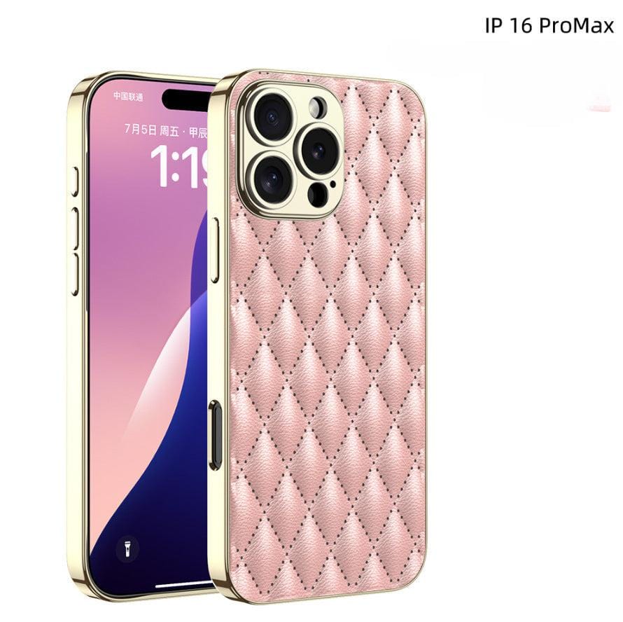 A smartphone featuring a pink quilted leather texture back cover with gold edges, displayed next to its front screen showing the time 1:15. Text in the image reads "iPhone 16 Pro Max Case - Quilted Leather Texture, Shockproof, Luxury PU Leather Cover.