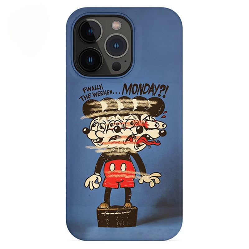 Introducing the "Distorted Cartoon Monday Blues iPhone 16 Pro Max Case - Bold and Protective," featuring an illustration of a cartoon character with multiple blurred and distressed facial expressions, donning red shorts and white gloves. Text above the character reads, "Finally, the weeke... MONDAY?!" all set against a blue background.