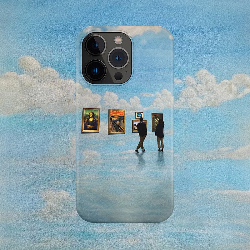 An artwork depicts an iPhone at the top center, suspended against a sky filled with clouds. Below, two small silhouetted figures stand viewing framed art pieces hovering in the air, including the Mona Lisa and The Scream. The scene is surreal and dreamlike, reminiscent of an advertisement for the Surreal Art Gallery iPhone 16 Pro Max Case - Dreamy and Protective in another reality.